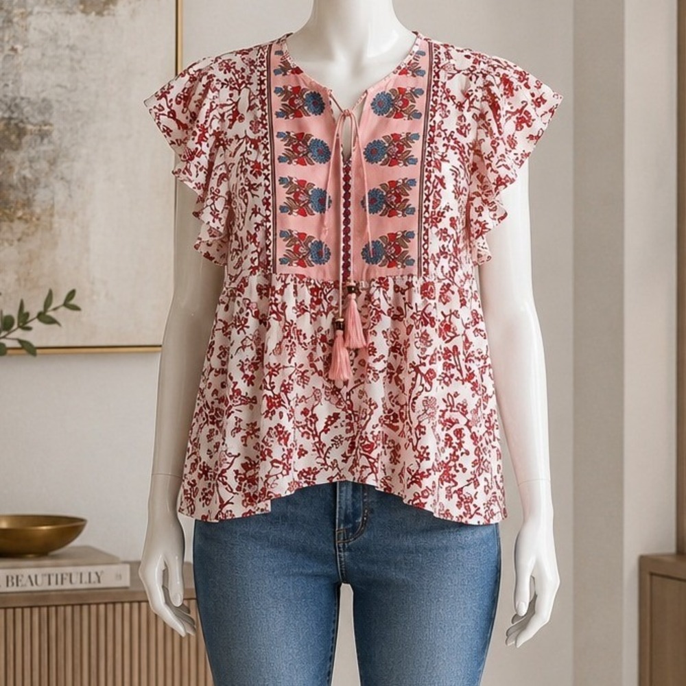Vivilli Womens Blouse Floral Boho Tassel Tie Flutter Sleeve White Red Large